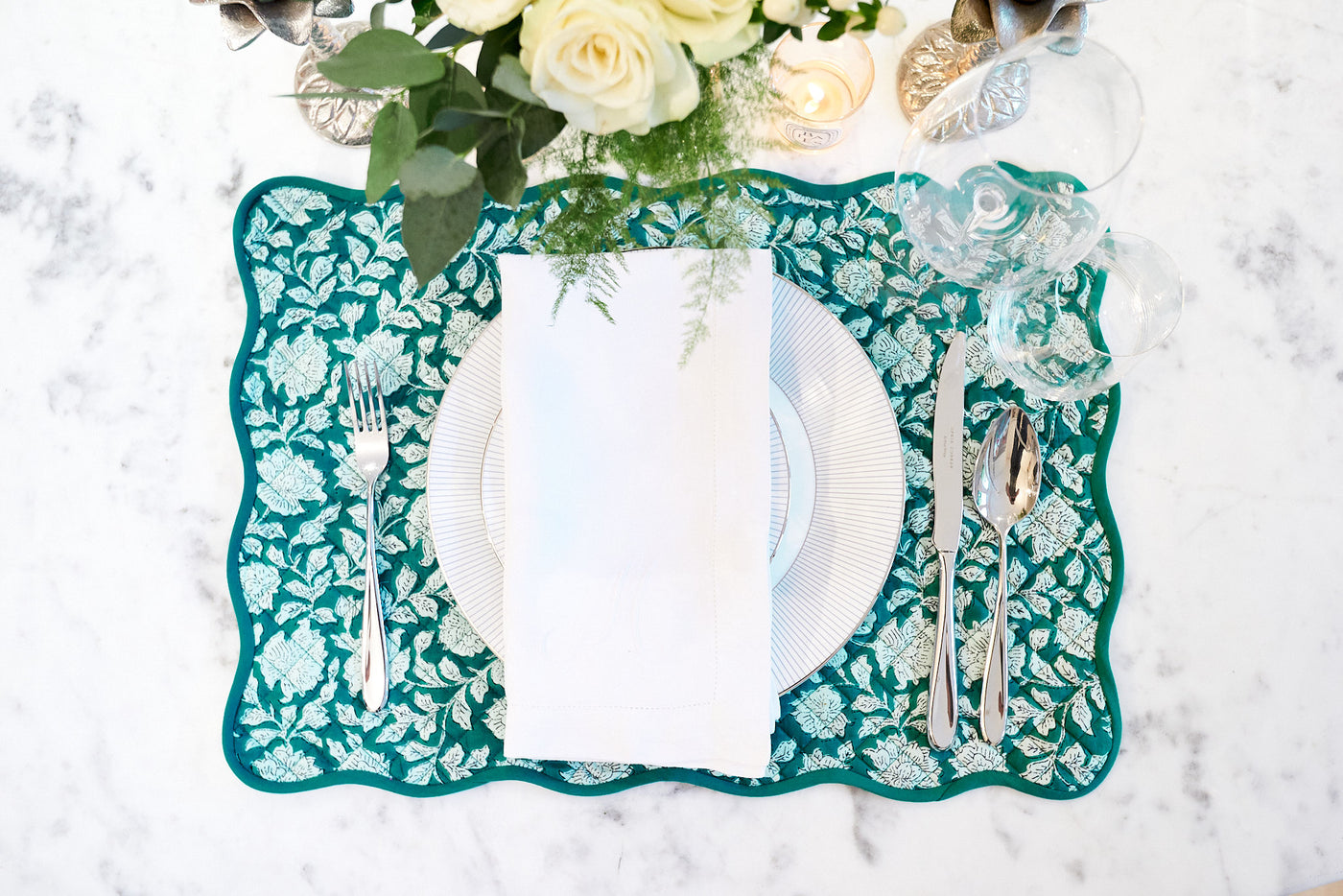 Teal Floral Scalloped Placemat